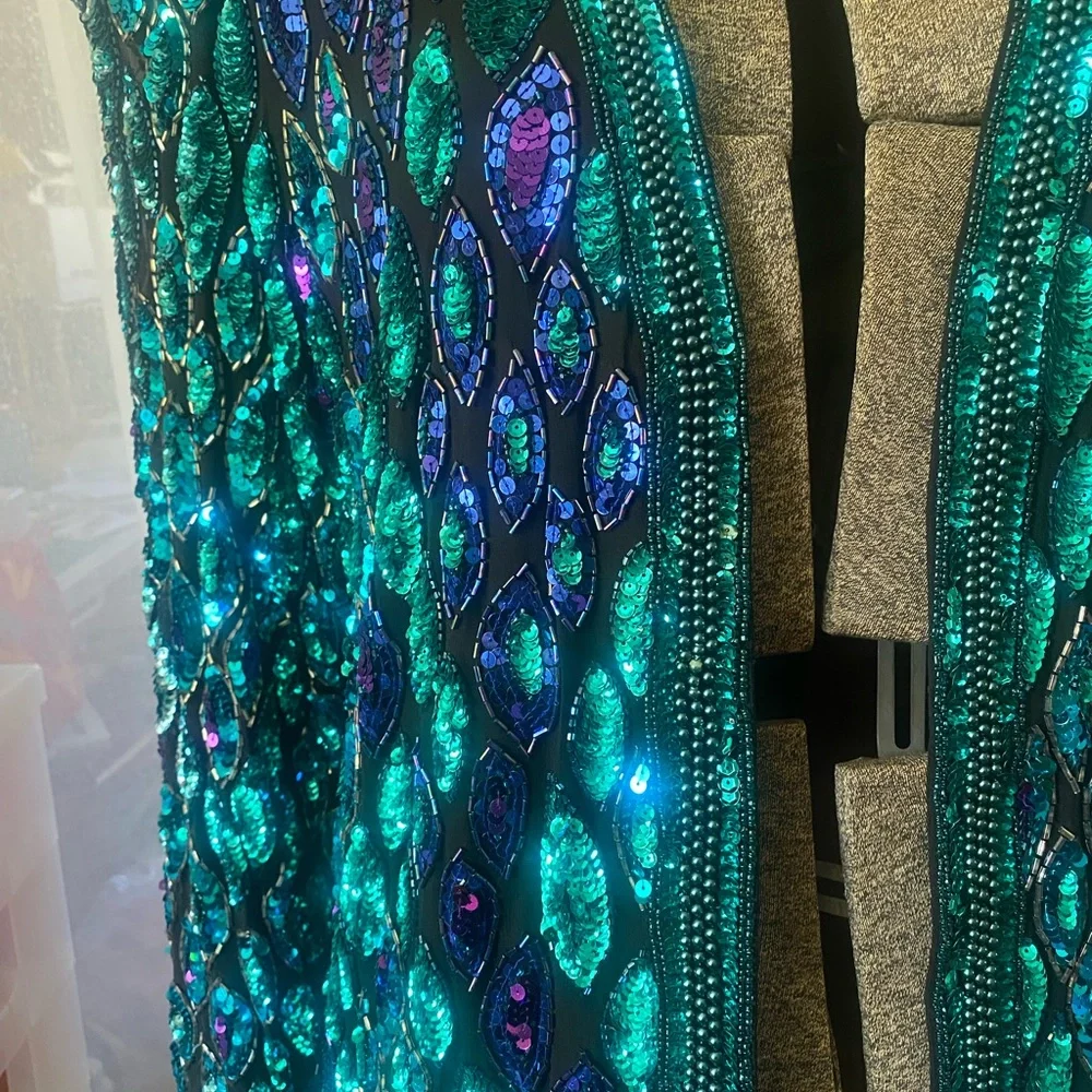 Vintage 80s Oleg Cassini Black Tie Black Silk Jacket Designer Turquoise Purple M - Picture 3 of 8